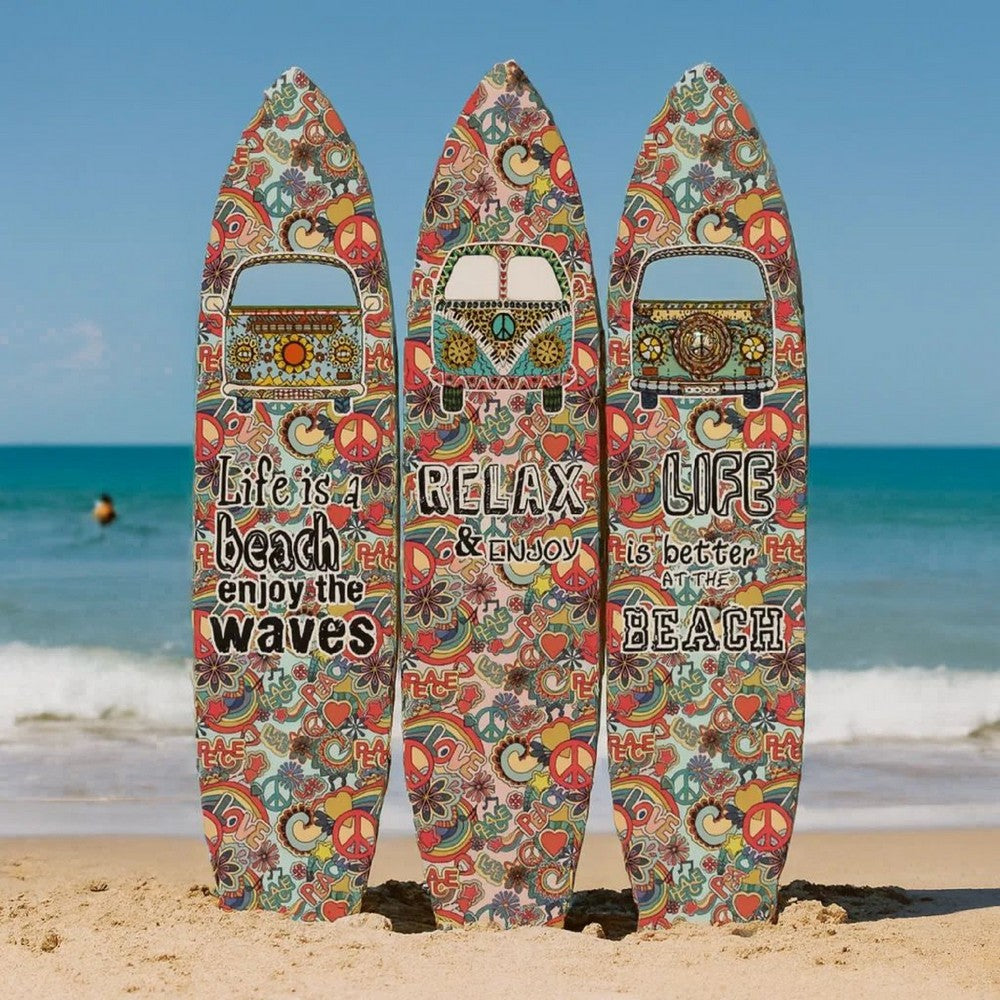 Beach Themed Surfboard Shaped 3 Panel Room Divider, Multicolor - BM205778
