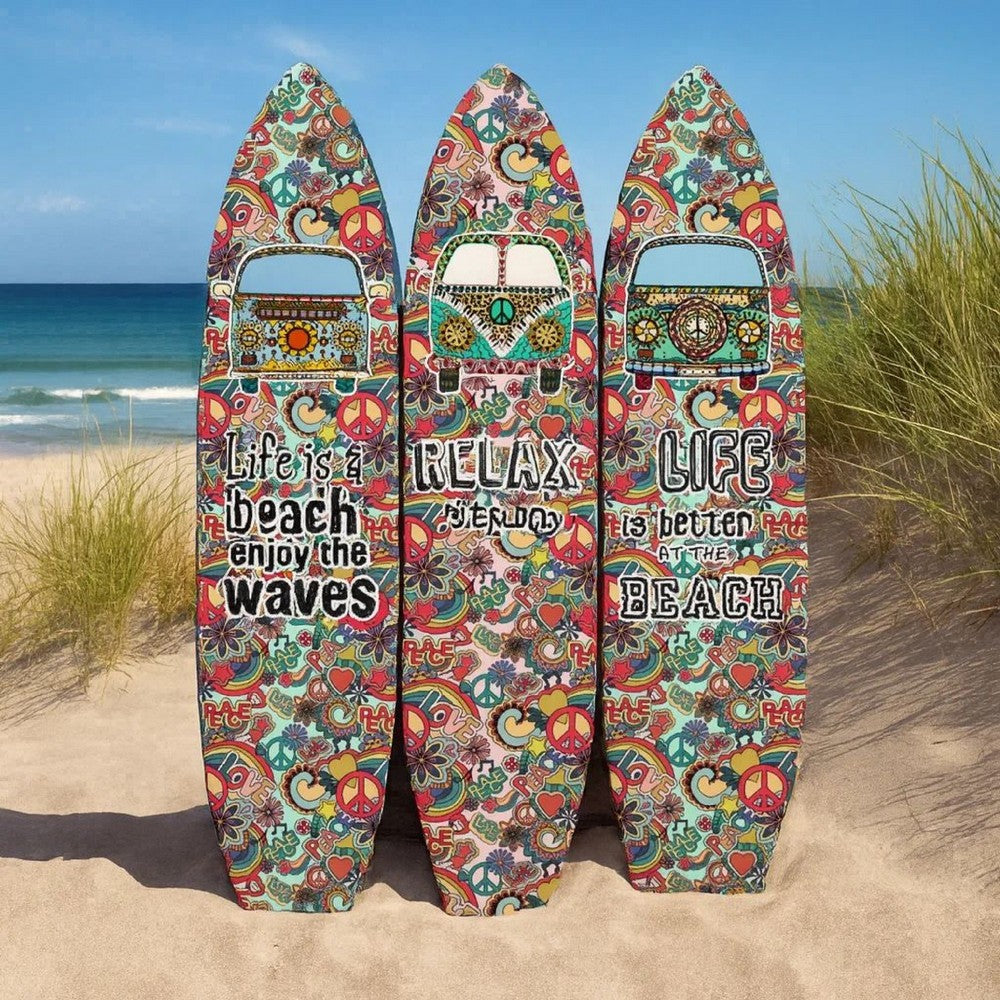 Beach Themed Surfboard Shaped 3 Panel Room Divider, Multicolor - BM205778