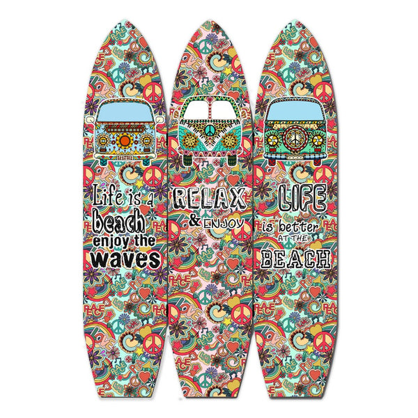 Beach Themed Surfboard Shaped 3 Panel Room Divider, Multicolor - BM205778
