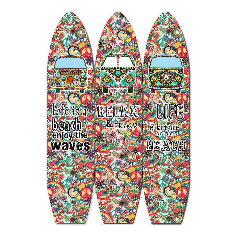Beach Themed Surfboard Shaped 3 Panel Room Divider, Multicolor - BM205778