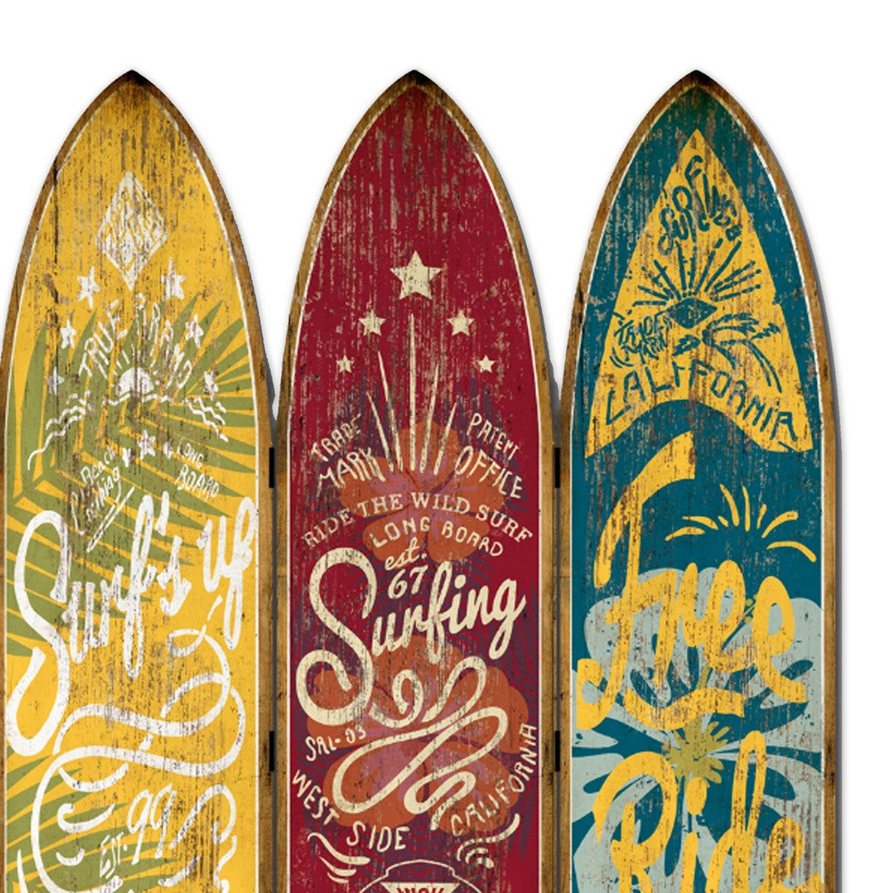 Beach Themed Surfboard Shaped 3 Panel Wooden Room Divider, Multicolor - BM205779