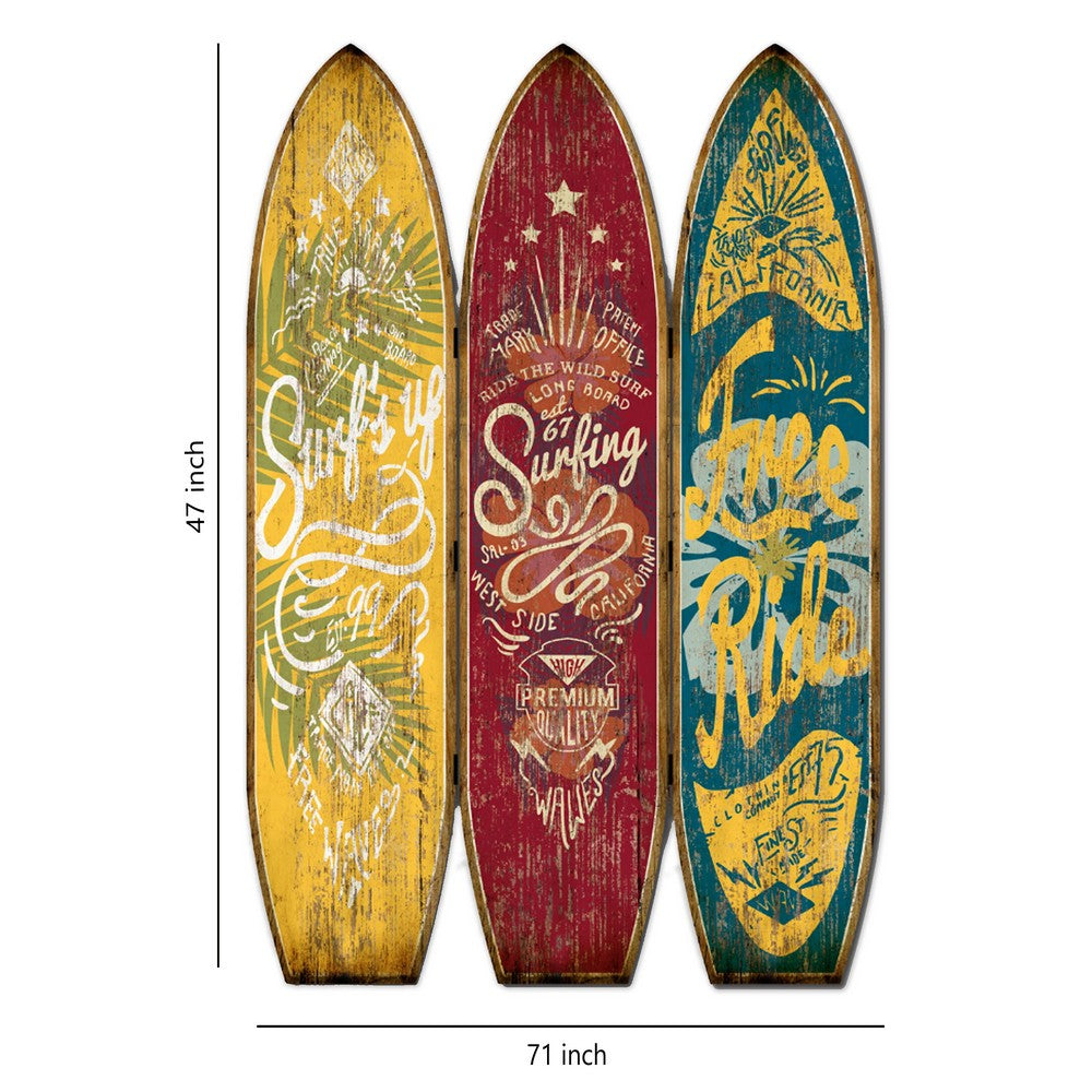 Beach Themed Surfboard Shaped 3 Panel Wooden Room Divider, Multicolor - BM205779