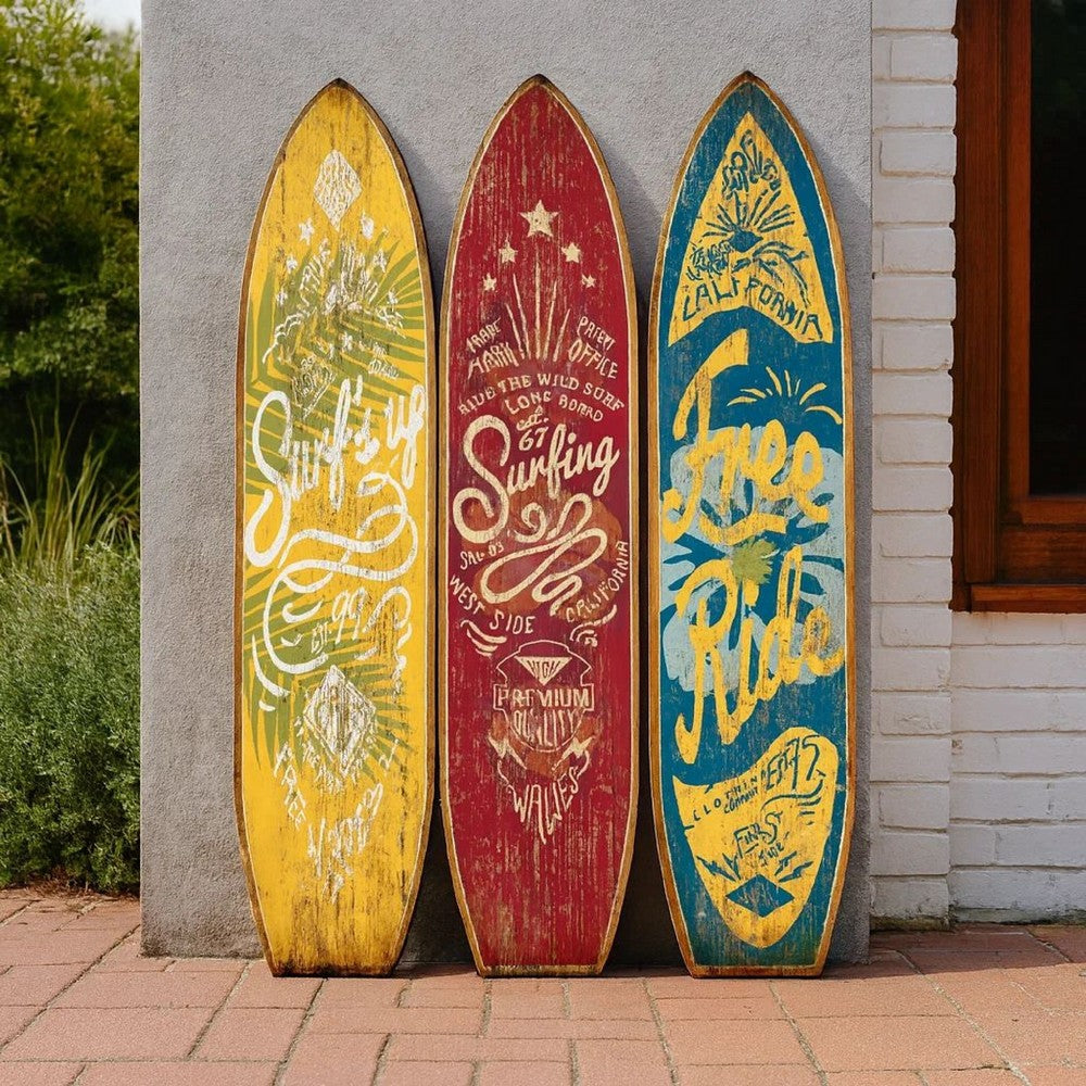 Beach Themed Surfboard Shaped 3 Panel Wooden Room Divider, Multicolor - BM205779