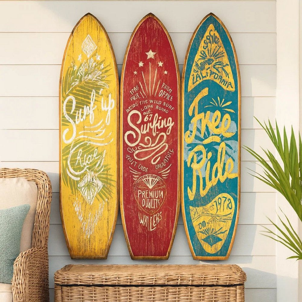 Beach Themed Surfboard Shaped 3 Panel Wooden Room Divider, Multicolor - BM205779