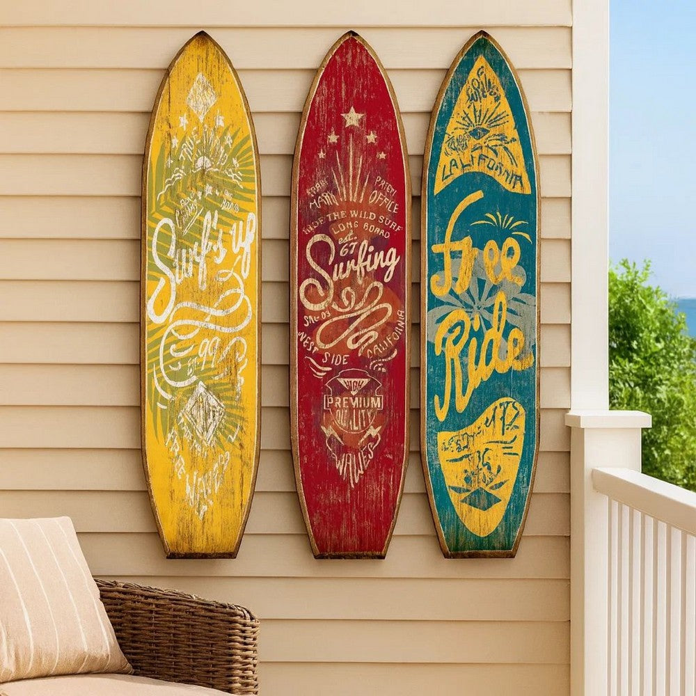 Beach Themed Surfboard Shaped 3 Panel Wooden Room Divider, Multicolor - BM205779