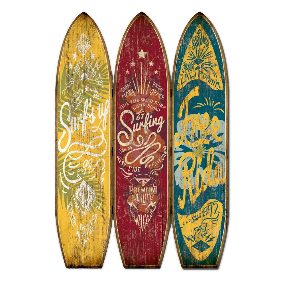 Beach Themed Surfboard Shaped 3 Panel Wooden Room Divider, Multicolor - BM205779