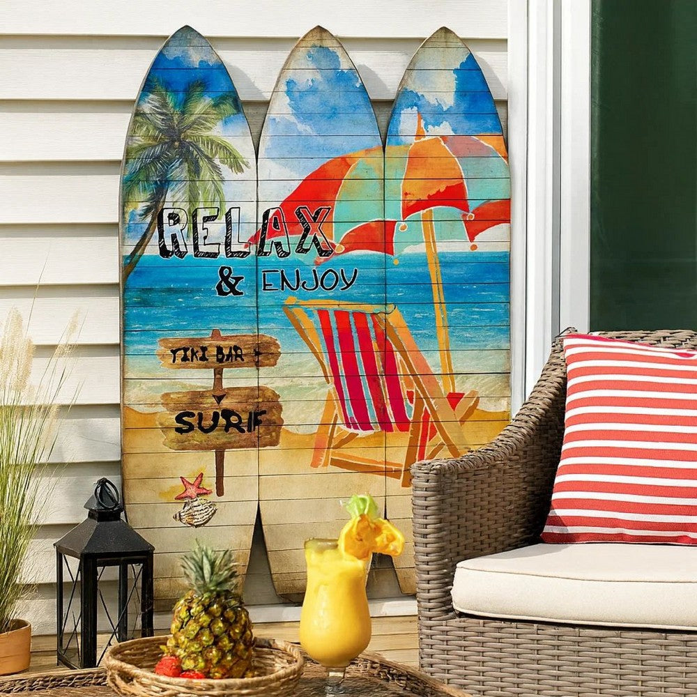 Lounge and Umbrella Print Surfboard Shaped 3 Panel Room Divider, Multicolor - BM205780