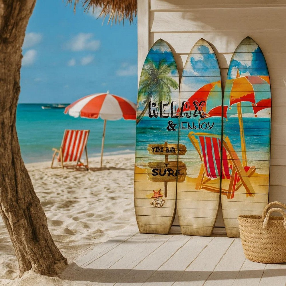 Lounge and Umbrella Print Surfboard Shaped 3 Panel Room Divider, Multicolor - BM205780