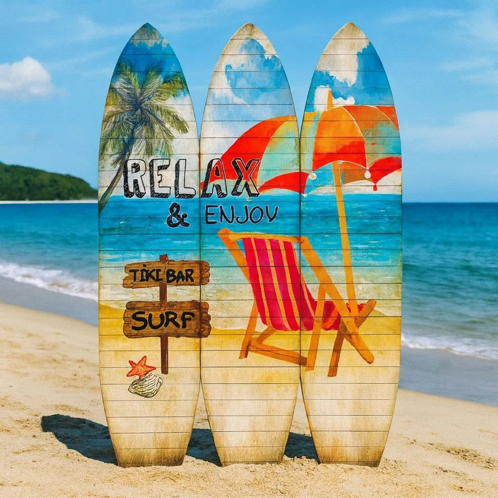 Lounge and Umbrella Print Surfboard Shaped 3 Panel Room Divider, Multicolor - BM205780
