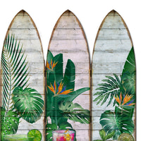 Surfboard Shaped Palm Leaf and Drinks Print 3 Panel Room Divider, Multicolor - BM205781