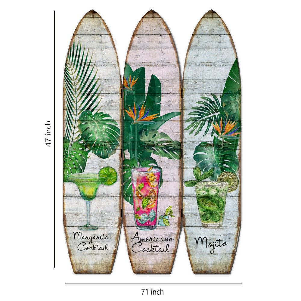 Surfboard Shaped Palm Leaf and Drinks Print 3 Panel Room Divider, Multicolor - BM205781
