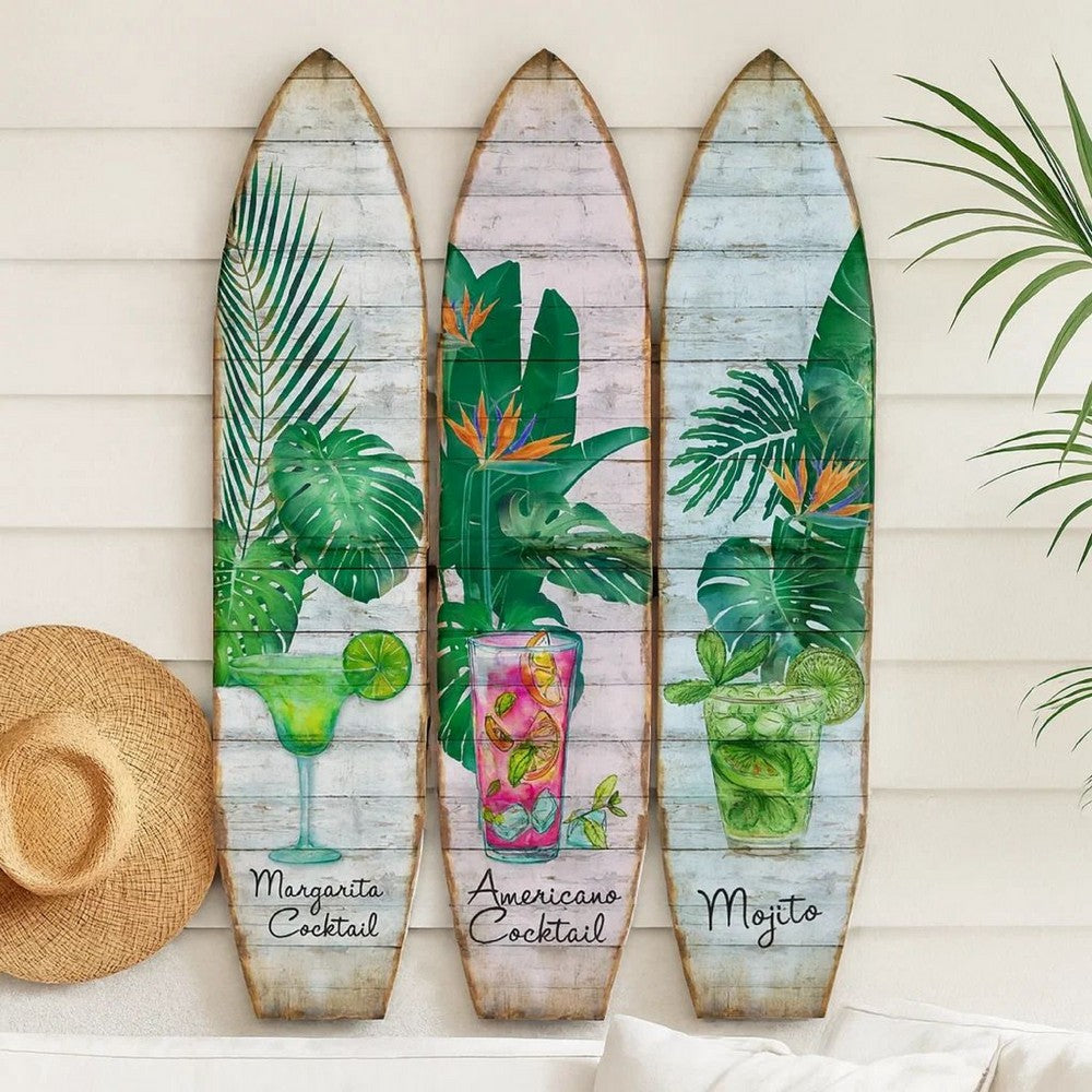 Surfboard Shaped Palm Leaf and Drinks Print 3 Panel Room Divider, Multicolor - BM205781