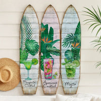 Surfboard Shaped Palm Leaf and Drinks Print 3 Panel Room Divider, Multicolor - BM205781