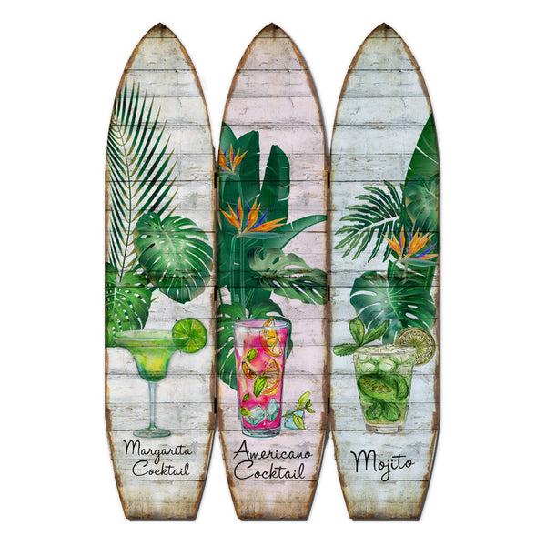 Surfboard Shaped Palm Leaf and Drinks Print 3 Panel Room Divider, Multicolor - BM205781