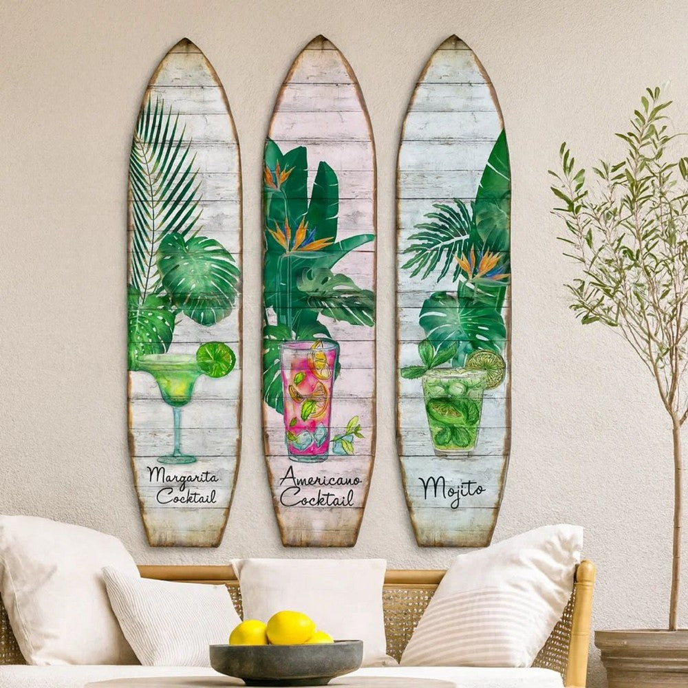 Surfboard Shaped Palm Leaf and Drinks Print 3 Panel Room Divider, Multicolor - BM205781