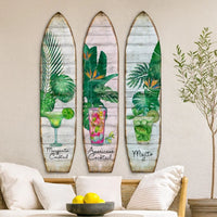 Surfboard Shaped Palm Leaf and Drinks Print 3 Panel Room Divider, Multicolor - BM205781
