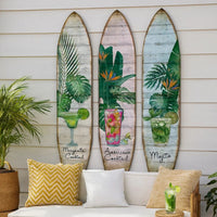 Surfboard Shaped Palm Leaf and Drinks Print 3 Panel Room Divider, Multicolor - BM205781