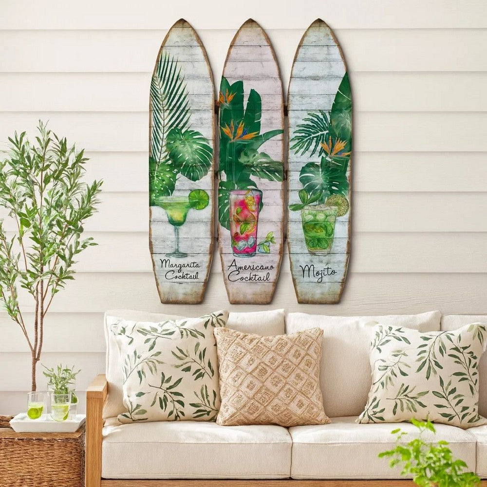 Surfboard Shaped Palm Leaf and Drinks Print 3 Panel Room Divider, Multicolor - BM205781