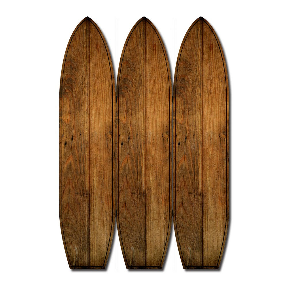 Plank Style Surfboard Shaped 3 Panel Wooden Room Divider, Brown - BM205782