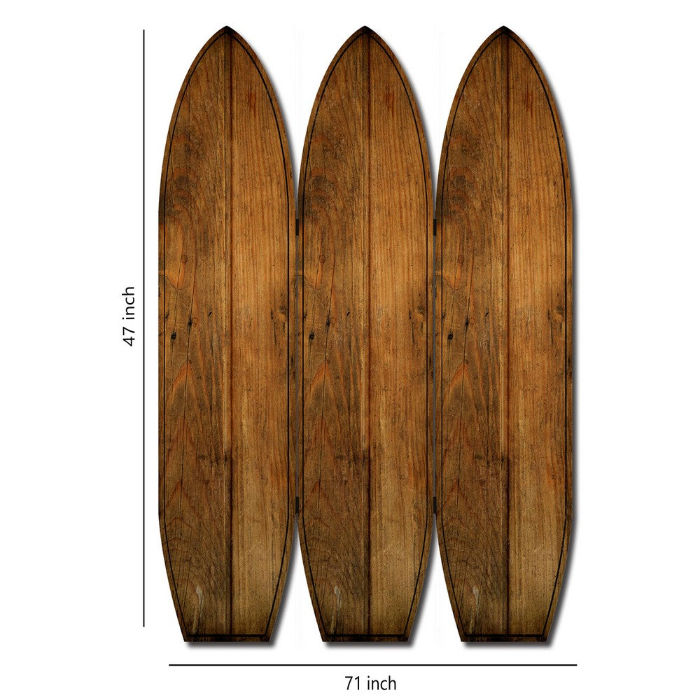 Plank Style Surfboard Shaped 3 Panel Wooden Room Divider, Brown - BM205782
