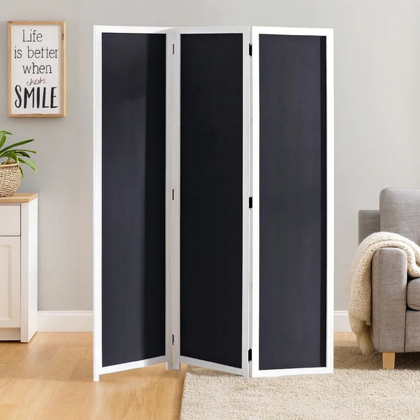 Chalkboard and Wooden 3 Panel Room Divider, Black and White - BM205784