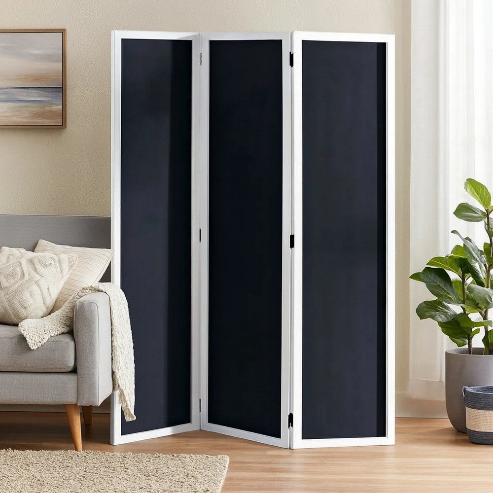 Chalkboard and Wooden 3 Panel Room Divider, Black and White - BM205784