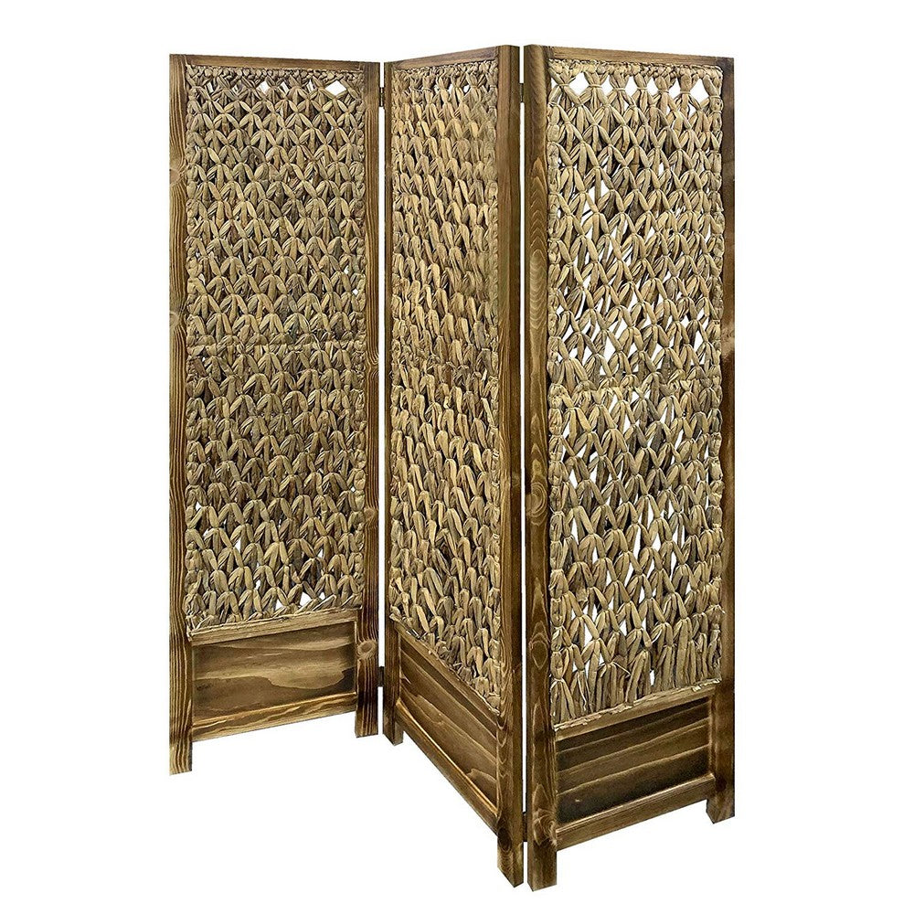 Woven Seagrass 3 Panel Wooden Room Divider, Natural Brown - BM205797