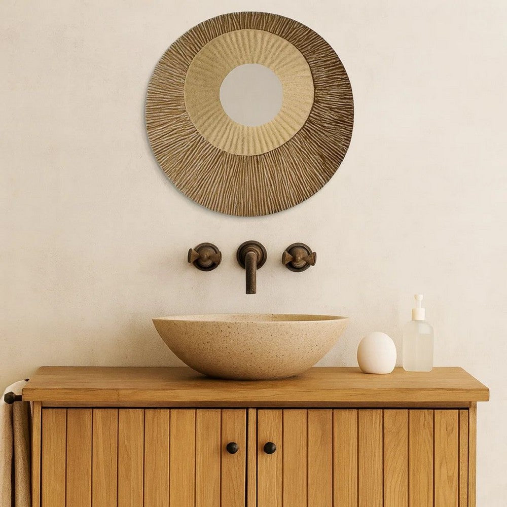 Round and Ribbed Double Layer Sandstone Wall Art, Large, Brown and Beige - BM205832
