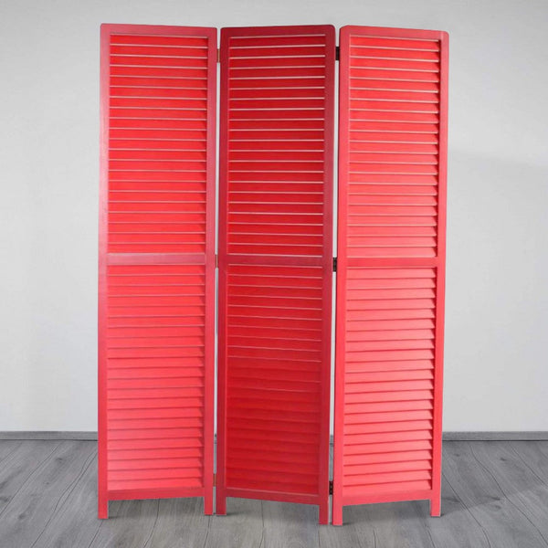 Transitional Wooden Screen with 3 Panels and Shutter Design, Red - BM205851