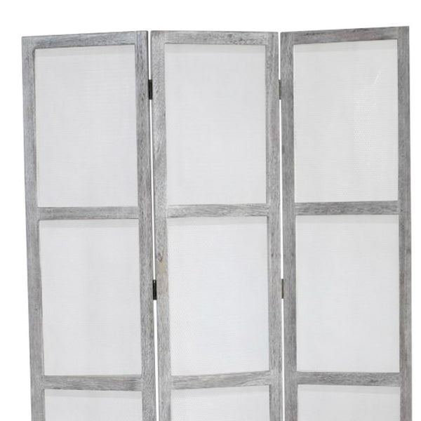 Transitional 3 Panel Screen with Wooden Frame & Fabric Panels, Gray - BM205854