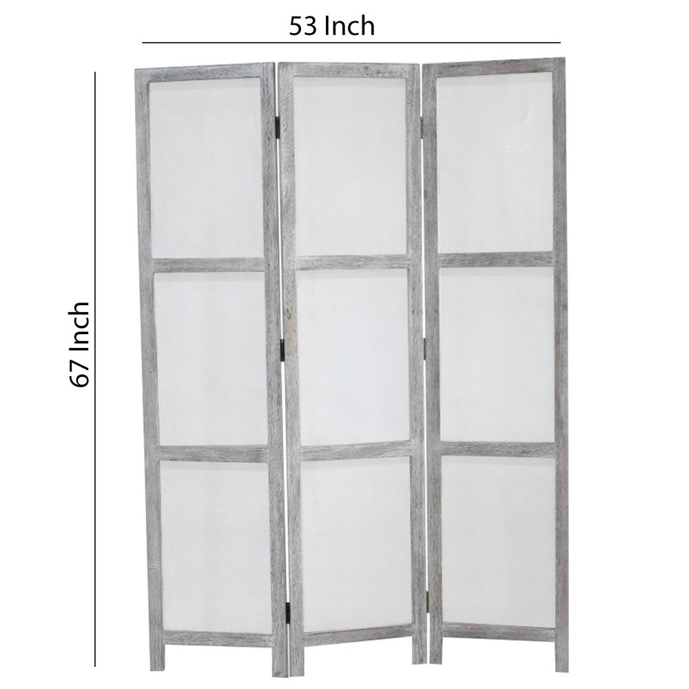 Transitional 3 Panel Screen with Wooden Frame & Fabric Panels, Gray - BM205854