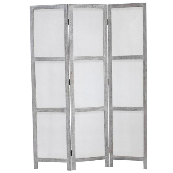 Transitional 3 Panel Screen with Wooden Frame & Fabric Panels, Gray - BM205854