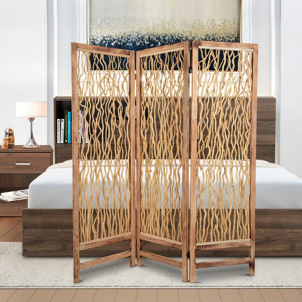 Contemporary 3 Panel Wood Screen with Vertical Branch Design, Brown - BM205856