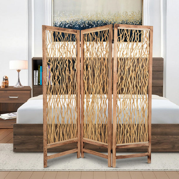 Contemporary 3 Panel Wood Screen with Vertical Branch Design, Brown - BM205856
