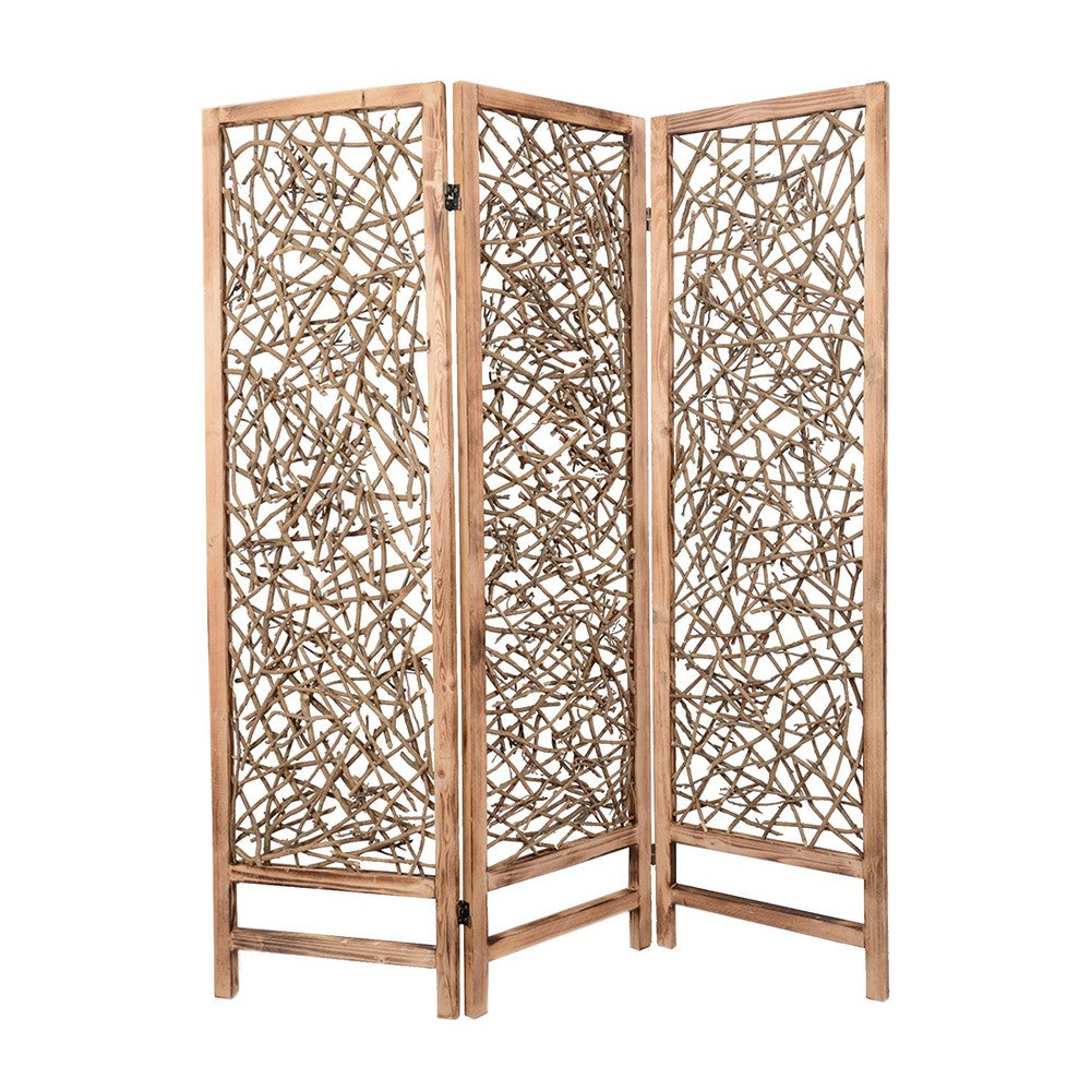 Contemporary 3 Panel Wooden Screen with Willow Branch Inset, Brown - BM205857