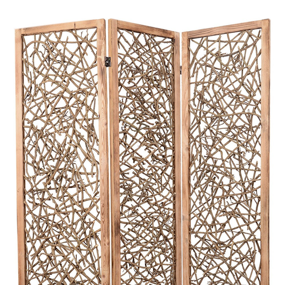 Contemporary 3 Panel Wooden Screen with Willow Branch Inset, Brown - BM205857