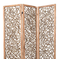 Contemporary 3 Panel Wooden Screen with Willow Branch Inset, Brown - BM205857