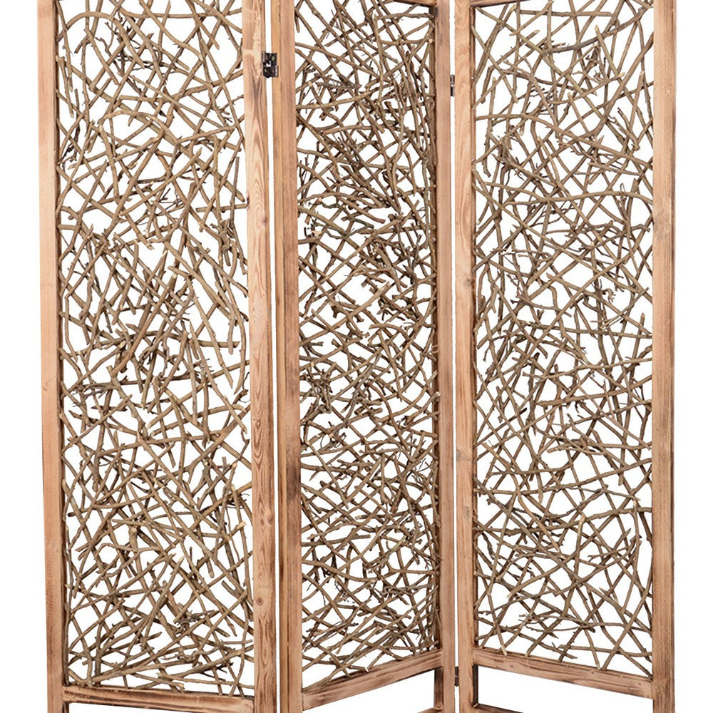 Contemporary 3 Panel Wooden Screen with Willow Branch Inset, Brown - BM205857