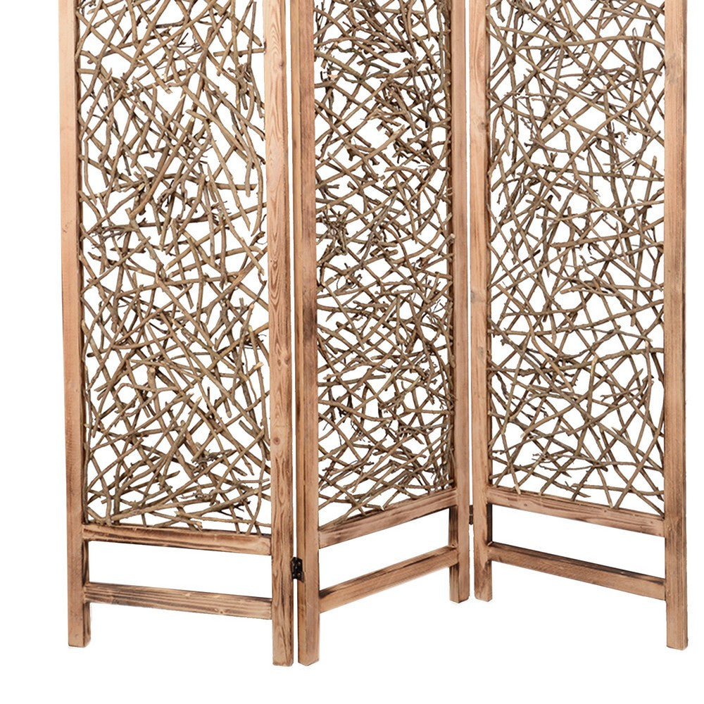 Contemporary 3 Panel Wooden Screen with Willow Branch Inset, Brown - BM205857