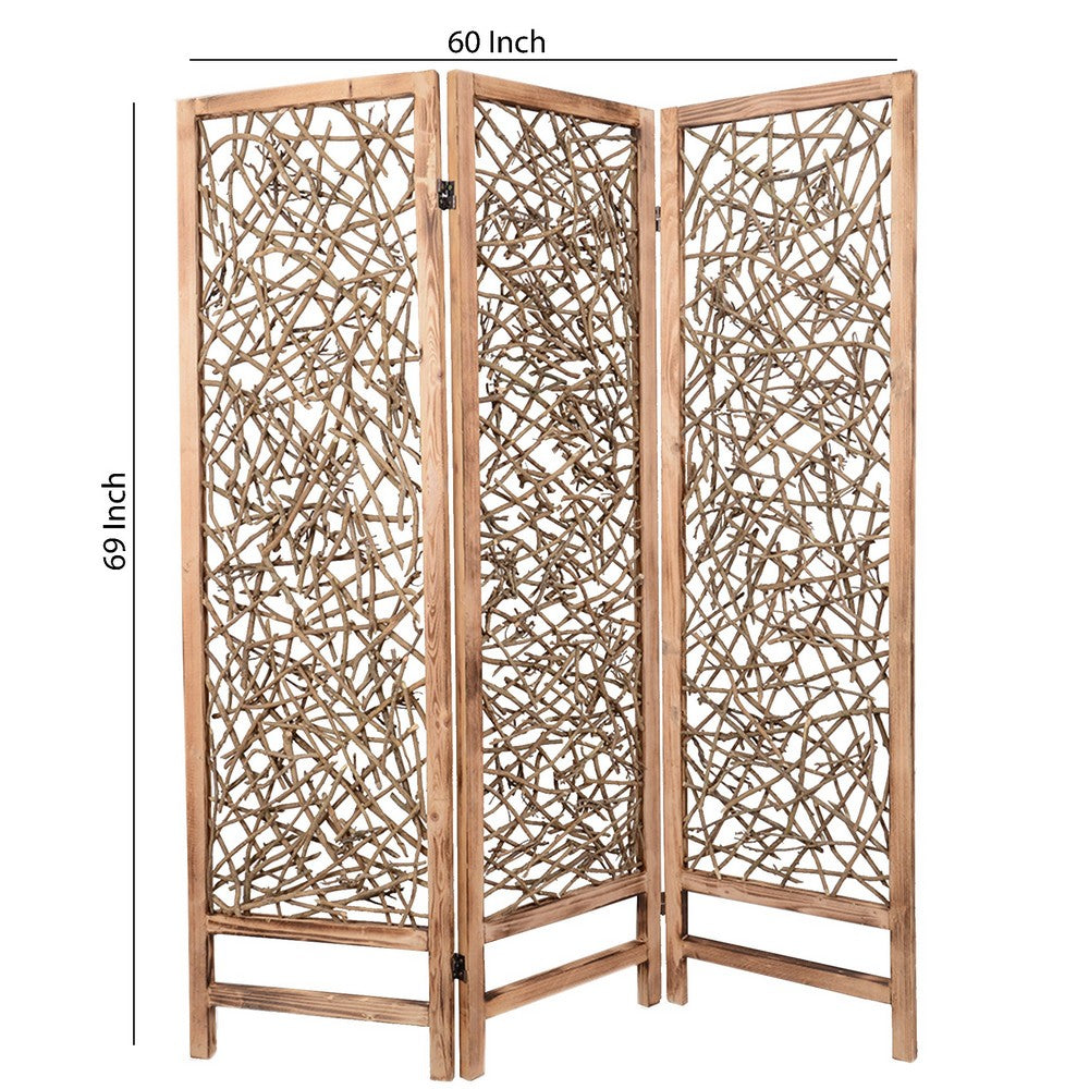 Contemporary 3 Panel Wooden Screen with Willow Branch Inset, Brown - BM205857