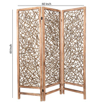Contemporary 3 Panel Wooden Screen with Willow Branch Inset, Brown - BM205857