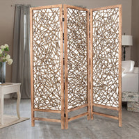 Contemporary 3 Panel Wooden Screen with Willow Branch Inset, Brown - BM205857