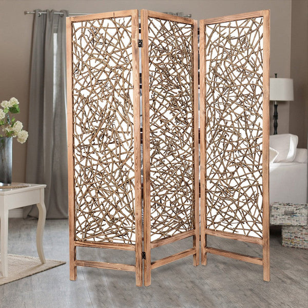 Contemporary 3 Panel Wooden Screen with Willow Branch Inset, Brown - BM205857