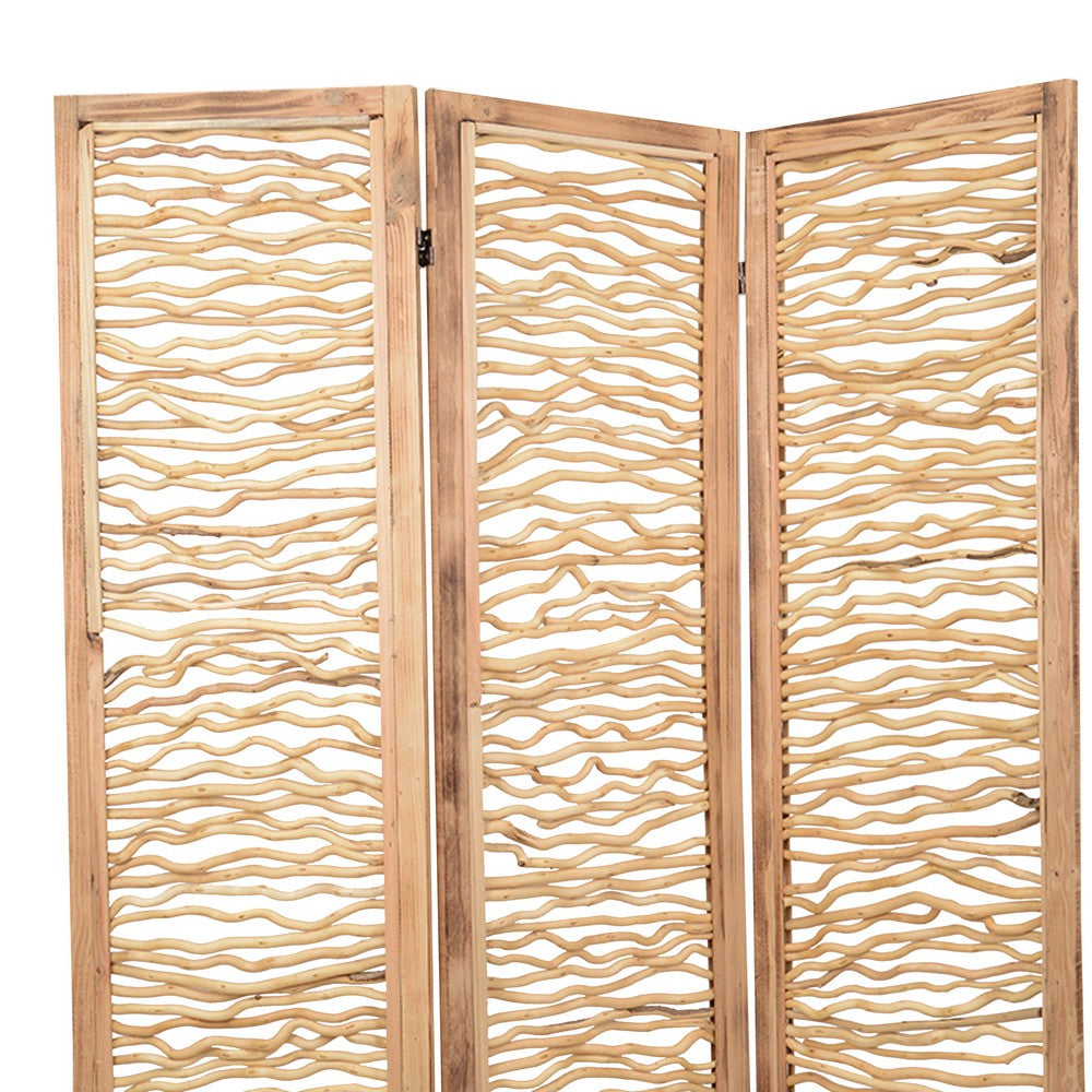 Contemporary 3 Panel Wood Screen with Horizontal Branch Design, Brown - BM205858