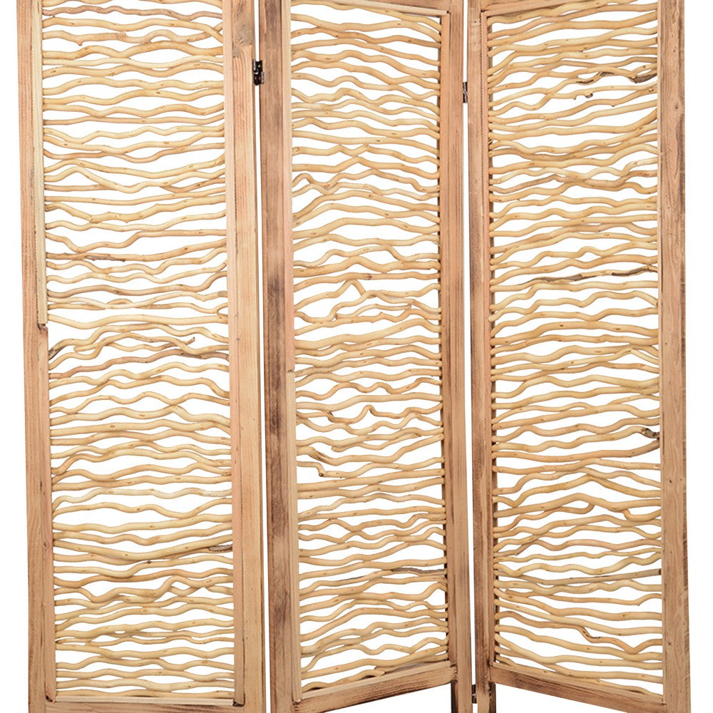 Contemporary 3 Panel Wood Screen with Horizontal Branch Design, Brown - BM205858