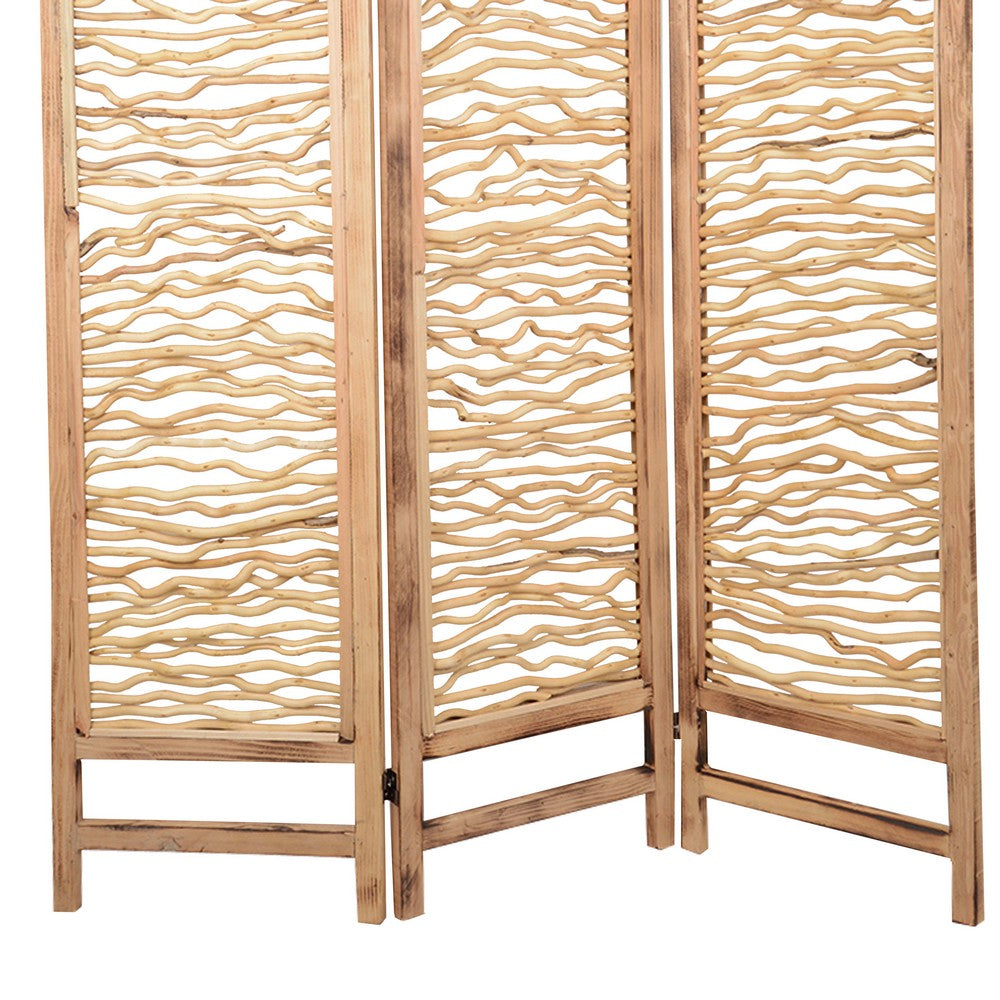 Contemporary 3 Panel Wood Screen with Horizontal Branch Design, Brown - BM205858