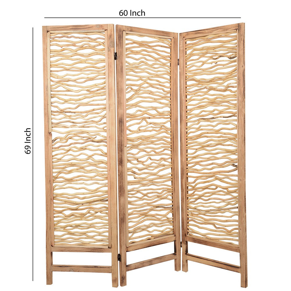 Contemporary 3 Panel Wood Screen with Horizontal Branch Design, Brown - BM205858