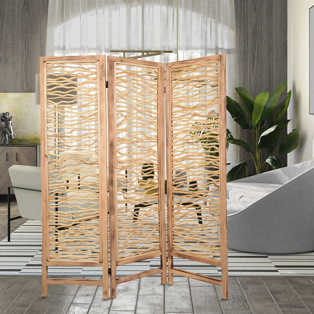 Contemporary 3 Panel Wood Screen with Horizontal Branch Design, Brown - BM205858