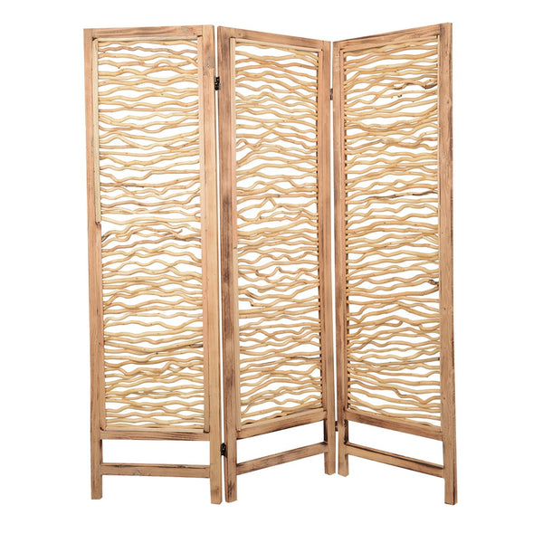 Contemporary 3 Panel Wood Screen with Horizontal Branch Design, Brown - BM205858