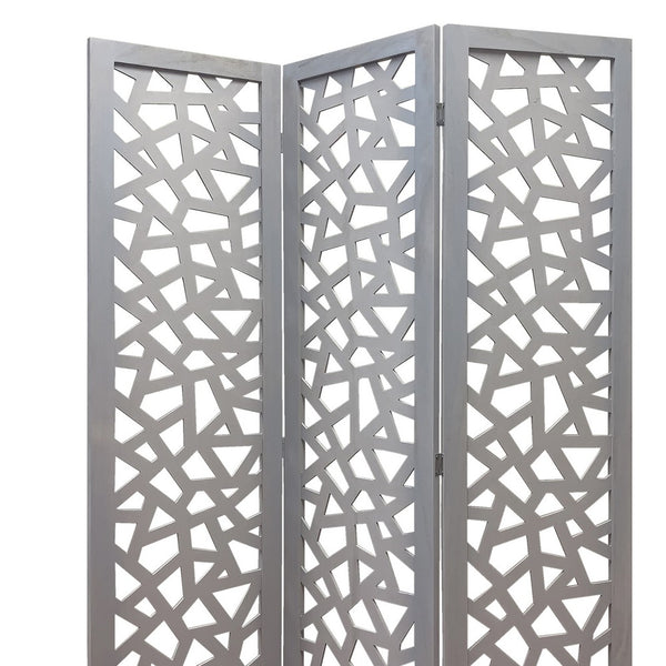 3 Panel Contemporary Wooden Screen with Cut Pattern Design, Gray - BM205860